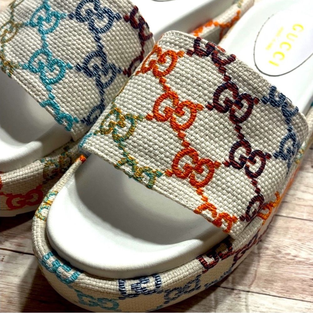 Gucci Angelina Embroidered Colorful Logo
Platform Sandals Size 40 - Picture 13 of 14